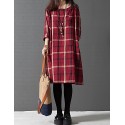 Women's Casual/Cute/Plus Sizes Check Contrast Color Inelastic Long Sleeve Knee-length Loose Dress (Cotton/Linen)