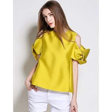 Women's Going out Simple Summer BlouseSolid Crew Neck Short Sleeve Yellow Polyester Medium Women's Going out Simple Summer BlouseSolid Crew Neck Short Sleeve Yellow Polyester Medium