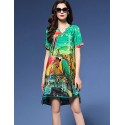 Women's Vintage Print Plus Size / Loose Dress,V Neck Asymmetrical Silk