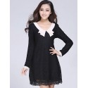 Women's Solid White / Black Dress , Casual Round Neck Long Sleeve