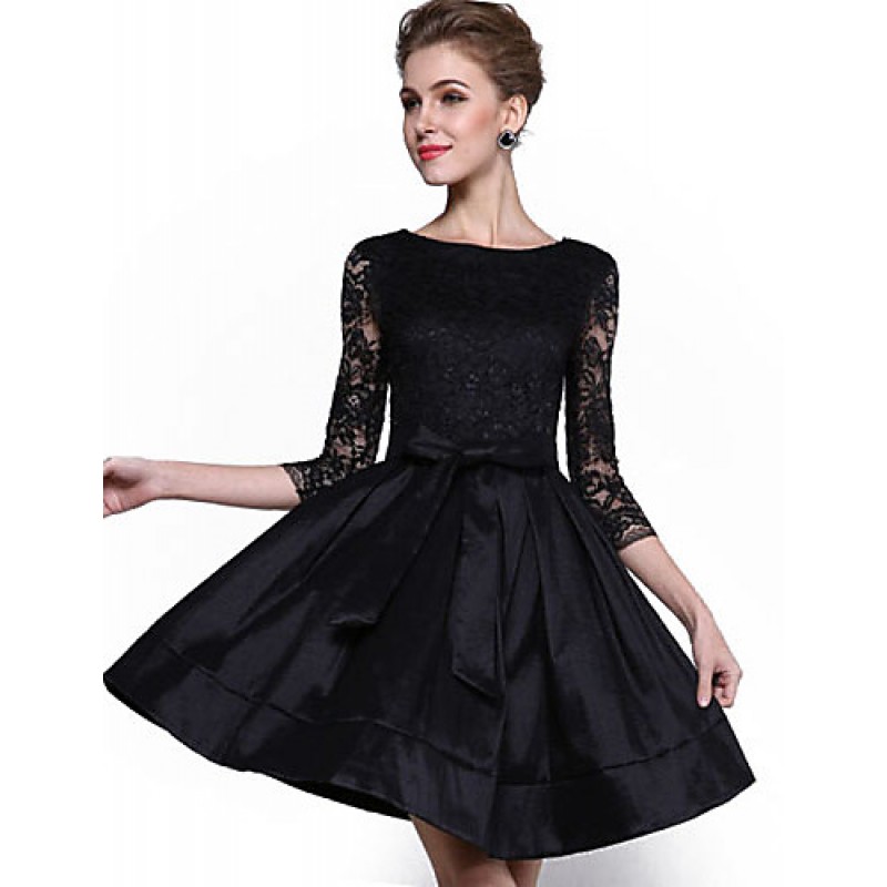 Women's Party/Cocktail / Plus Size Sophisticated Lace / Little Black / Skater Dress,Solid Round Neck Above Knee ? Sleeve BlackPolyester / Women's Party/Cocktail / Plus Size Sophisticated Lace / Little Black / Skater Dress,Solid Round Neck Above Knee ? Sleeve BlackPolyester /
