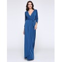 Women's Party/Cocktail Plus Size Plus Size Dress,Solid V Neck Midi Long Sleeve Blue Spandex Fall