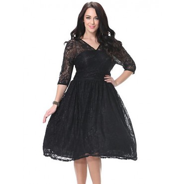 Women's Beach Plus Size / Skater Dress,Solid Deep V Knee-length ? Sleeve Black Polyester Spring Women's Beach Plus Size / Skater Dress,Solid Deep V Knee-length ? Sleeve Black Polyester Spring