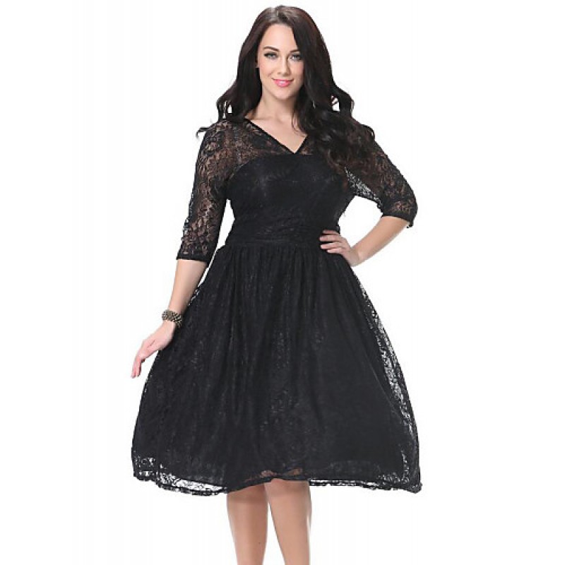 Women's Beach Plus Size / Skater Dress,Solid Deep V Knee-length ? Sleeve Black Polyester Spring