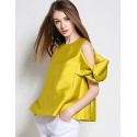  Women's Going out Simple Summer BlouseSolid Crew Neck Short Sleeve Yellow Polyester Medium