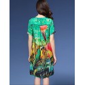 Women's Vintage Print Plus Size / Loose Dress,V Neck Asymmetrical Silk