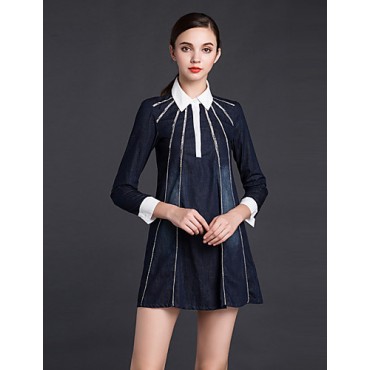 Women's Going out Sheath DressSolid Shirt Collar Above Knee Long Sleeve Blue Cotton Women's Going out Sheath DressSolid Shirt Collar Above Knee Long Sleeve Blue Cotton