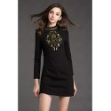 Women's Work Shift Dress,Jacquard Crew Neck Mini Long Sleeve Black Cotton / Polyester Spring