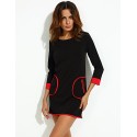 Women's Patchwork Black Dress , Casual / Work Round Neck Long Sleeve