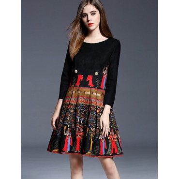 omen's Going out Sophisticated Sheath DressPrint Round Neck Above Knee Long Sleeve Black omen's Going out Sophisticated Sheath DressPrint Round Neck Above Knee Long Sleeve Black