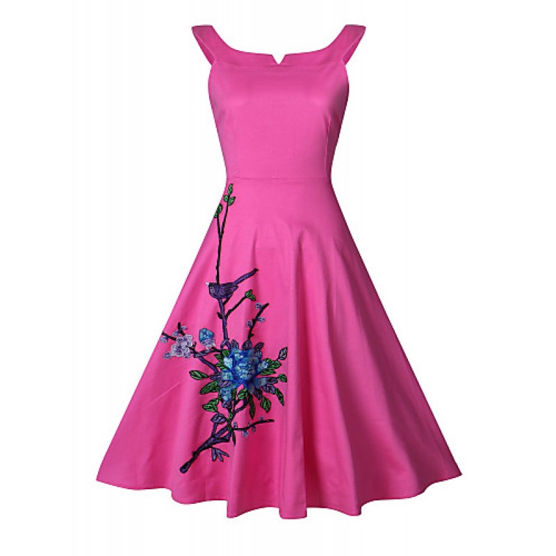 Women's Going out / Plus Size Vintage / Chinoiserie Sheath Dress,Embroidered Round Neck Above Knee Sleeveless Red / White Cotton Summer