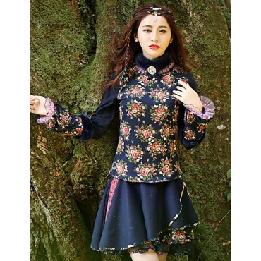 Our StoryGoing out Vintage Spring / Fall T-shirtFloral Crew Neck Long Sleeve Blue Cotton / Polyester / Spandex Medium