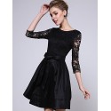 Women's Party/Cocktail / Plus Size Sophisticated Lace / Little Black / Skater Dress,Solid Round Neck Above Knee ? Sleeve BlackPolyester / Women's Party/Cocktail / Plus Size Sophisticated Lace / Little Black / Skater Dress,Solid Round Neck Above Knee ? Sleeve BlackPolyester /