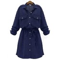 Women's Plus Size Street chic Loose Dress,Solid Shirt Collar Above Knee Long Sleeve Blue Spandex Summer